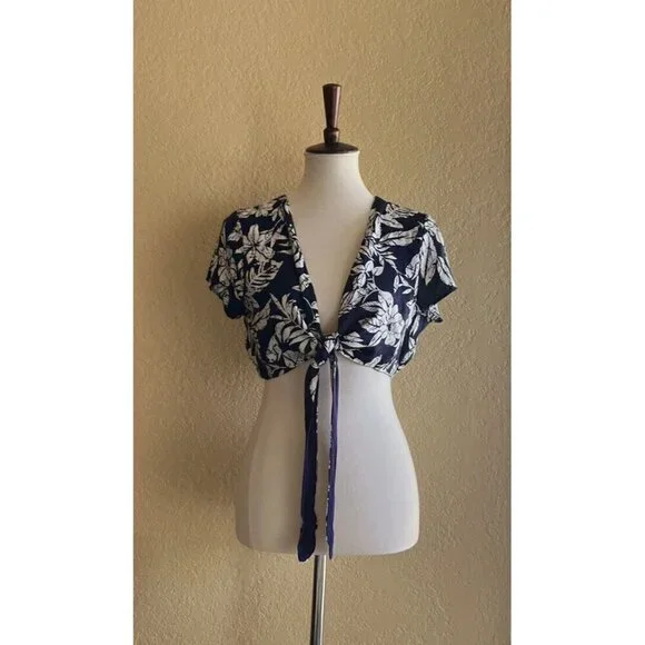 Swell Women's Palmia Floral Navy Blue Tie Front Crop Top Size S M L - Picture 3 of 11